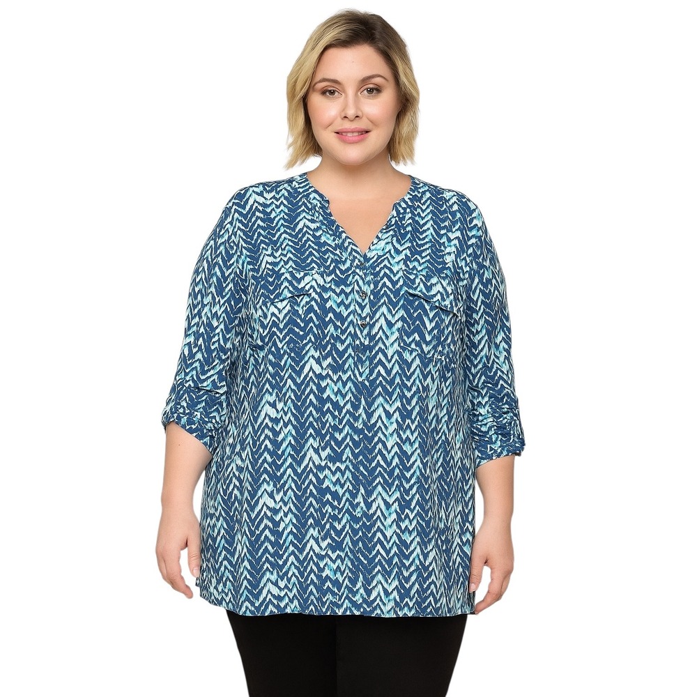 New Directions Plus Size 2X Top Blue Chevron Blouse Roll Tab‎ Sleeve 589